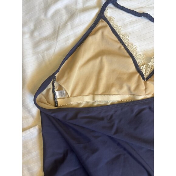 Navy Blue Monokini V-Neck One-Piece Swimsuit Low Back Halter Sexy Minimalist - Picture 14 of 16